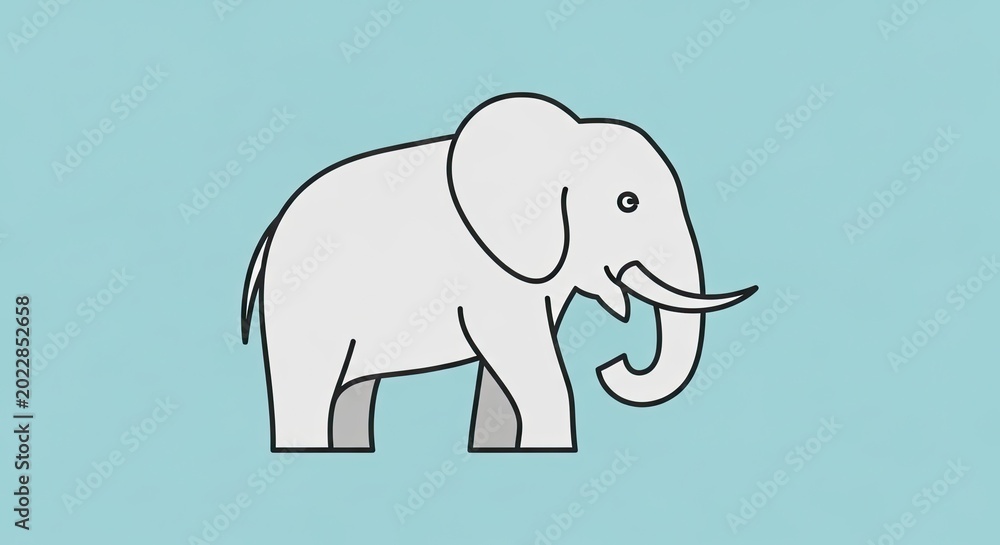 Fototapeta premium Stylized grey elephant illustration with tusks and trunk on a light blue background. Simple minimalist cartoon animal side view.