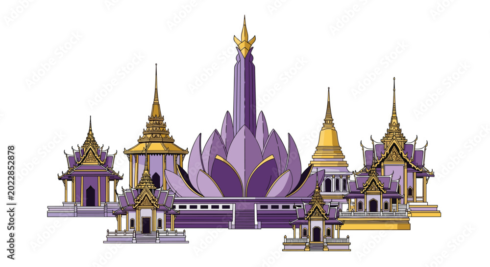Obraz premium Various ornate Buddhist temples and stupas with purple and gold detailing are arranged in a cluster against a white background for cultural design projects.