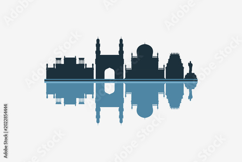 Foto Hyderabad, India skyline silhouette with modern landmarks reflection on white background in minimalist style
