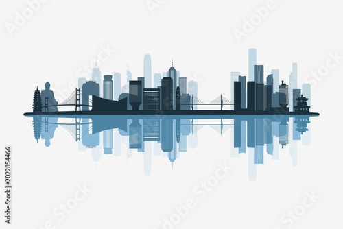 Bild auf Leinwand Hong Kong skyline silhouette with modern landmarks reflection on white background in minimalist style