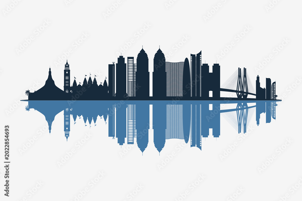 Obraz premium Mumbai, India skyline silhouette with modern landmarks reflection on white background in minimalist style.