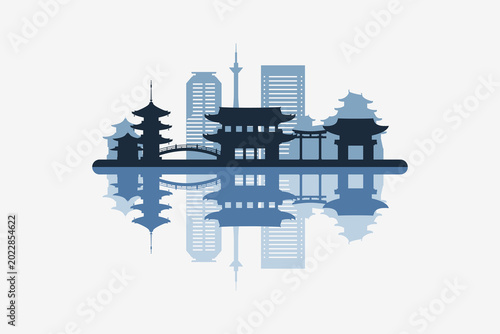 Foto Kyoto, Japan skyline silhouette with modern landmarks reflection on white background in minimalist style