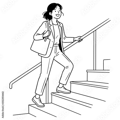 106-1_笑顔で階段を上がるスーツ姿の女性