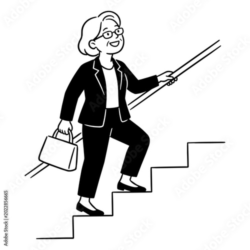 108-2_笑顔で階段を上がるスーツ姿の女性
