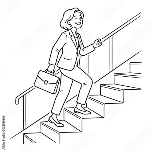 108-1_笑顔で階段を上がるスーツ姿の女性