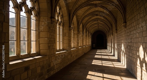 Ancient Stone Cloister Corridor with Gothic Windows and Sunlight Shadows