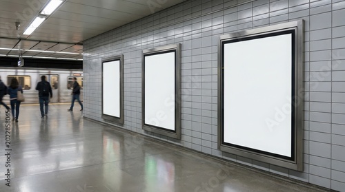 Blank advertising billboards in a modern underground metro station hallway