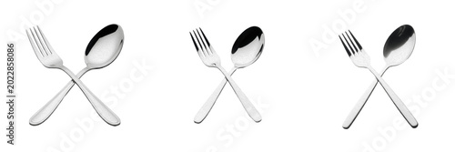 Silver Metal Fork And Spoon Cutlery Crossed Isolated On Transparent Background, Restaurant Dining Kitchen Tableware PNG Cutout Clipart