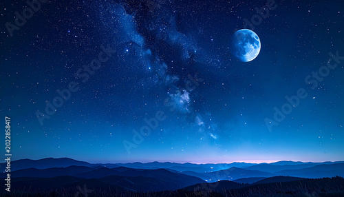 夜空の天の川と大きな月が輝く美しい星空の風景写真　山並みのシルエットと広大な宇宙が広がる幻想的な背景素材　文字入れ用のコピースペースがあるWebサイトやバナーデザインに最適な青い夜景のグラフィック素材