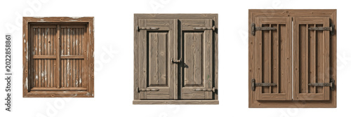Rustic Antique Wooden Window Shutters Isolated On Transparent Background, Vintage Closed Wood Door Panel Gate PNG Cutout Clipart Asset