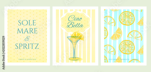 Photos Vintage italian summer posters and travel postcards set - retro yellow and blue