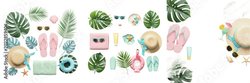Tropical Summer Travel Vacation Elements Set Isolated On Transparent Background, Beach Accessories PNG Cutout Clipart Pack For Summer Design
