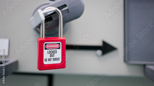 LOTO safety lock, red danger padlock, equipment lockout, maintenance protection, energy isolation device