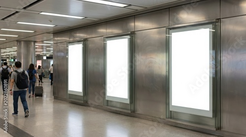 Illuminated blank advertising panels along an indoor subway passage