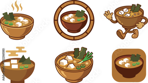 Photos Cartoon miso soup bowls with tofu and seaweed in various styles and settings