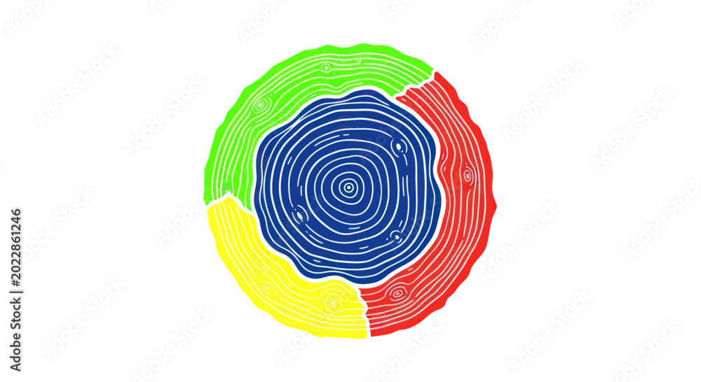Fototapeta premium Abstract Circular Wood Grain Design in Red, Yellow, Green, and Blue on White Background