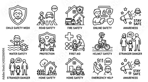 Fotografie Child Safety Icons: Week, Road, Fire, Online, Water, First Aid, Helmet, Stranger
