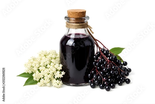 Glass bottle with Elderberry syrup, Elderberry flowers and berries isolated on white background 
