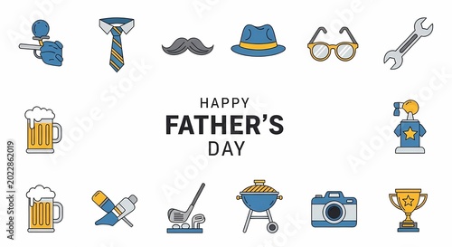 Fathers day icons tie mustache hat glasses beer bbq camera