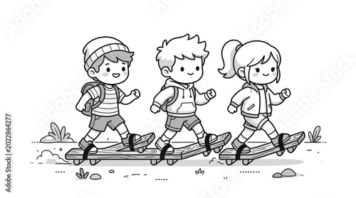 Schilderij op canvas Children Walking in a Line Outdoors.