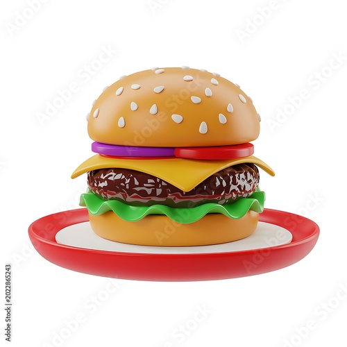 3d Cartoonish Cheese Burger Meal Plate isolated on white background