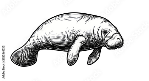 Cuadro en lienzo Manatee Illustration - Vintage Etching Style Drawing of Sea Cow