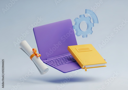 3D laptop computer with notebook and diploma scroll concept for education learning computer notebook graduation technology knowledge academic training research university