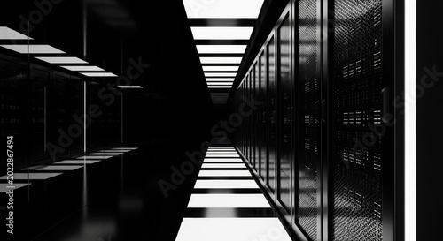 A sleek data center aisle with glossy black server racks under sharp directional lighting creating deep shadows and a monochrome palette, pattern, digital, contrast