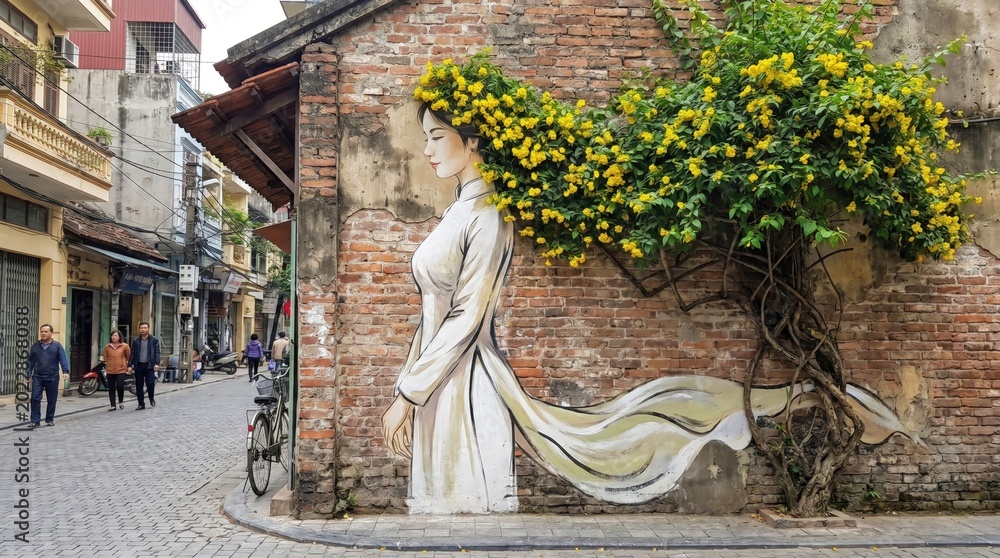 Fototapeta premium Hanoi street art mural portraying woman in ao dai