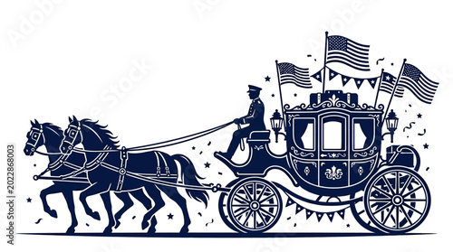 Tableau sur toile A festive carriage pulled by two horses decorated with American flags
