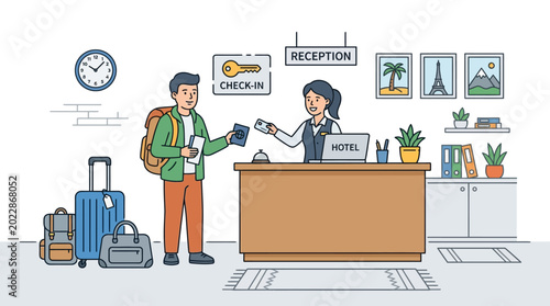 A male traveler checking in at a hotel reception desk with a clerk.