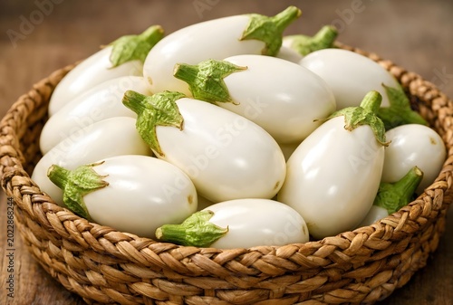 White eggplant harvest in a basket close-up