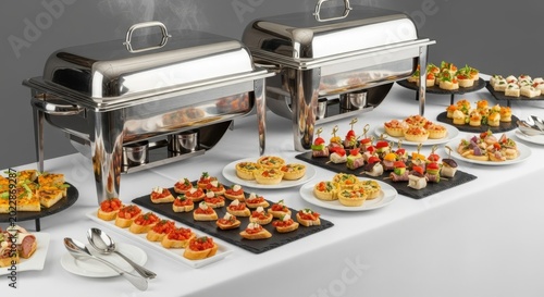 An elegant buffet arrangement featuring polished silver chafing dishes and assorted gourmet appetizers displayed on a clean white tablecloth, catering, still life, brunch