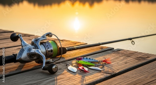 A serene close-up of a professional fishing rod and reel resting on a wooden dock by a calm lake during a golden sunset with bright lures, wood, lure, surface