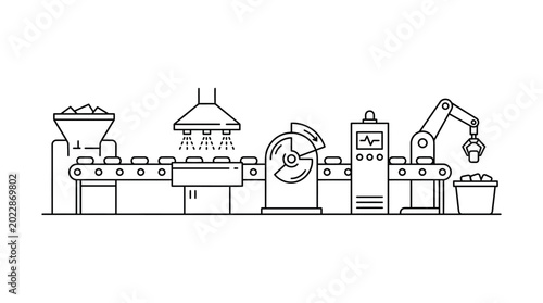 Line art outline of an automated factory production line with material feeding, processing machines, a conveyor belt, and a robotic arm for handling, on an isolated white background.