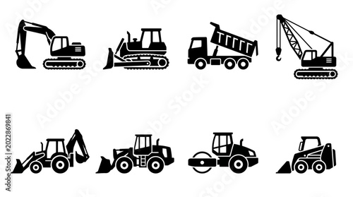 Quadro su tela Set of black silhouette icons depicting various heavy construction vehicles and machinery, including excavators, bulldozers, and cranes, on an isolated white background