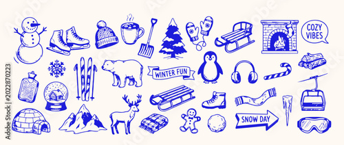 Bild auf Leinwand Winter Wonderland Collection: A charming compilation of hand-drawn winter-themed icons and illustrations, evoking cozy feelings and festive holiday spirit, perfect for seasonal design projects