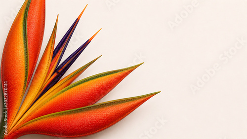 Horizontal close up 3D of an exotic bird of paradise flower (strelitzia regina) with tough leathery texture 