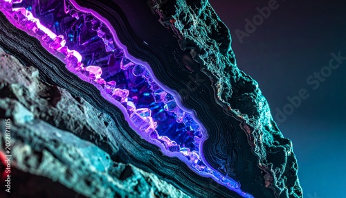 Cyberpunk-inspired macro photograph of a natural geode agate with neon purple and blue glowing crystals. Unique fusion of organic mineral texture and futuristic artificial light.