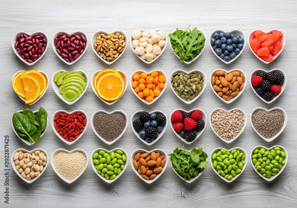 Naklejka premium Healthy Superfood Assortment in Heart Shaped Bowls on White Wooden Background for Balanced Diet and Nutrition Concept