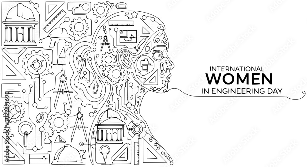 Obraz premium International Women in Engineering Day: Woman's silhouette formed by engineering drawings and blueprints