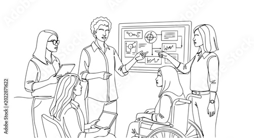 Diverse team collaborating on business strategy at whiteboard meeting