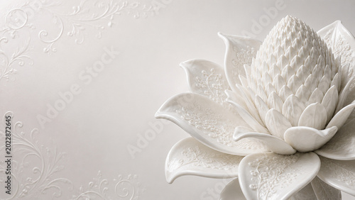 Vertical 3D of a tropical torch ginger / rose de porcelaine flower crafted from exquisite white porcelain ceramic