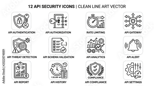 Set of 12 API Security and Management Icons in Clean Line Art Vector Style.