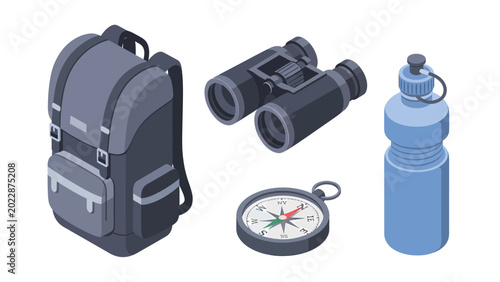 Isometric illustration of hiking and camping equipment, including a backpack, binoculars, compass, and water bottle.