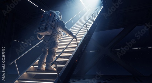 A heavy white space suit ascends a steep set of metal industrial stairs toward a glowing bright light within a dark cosmic space station, industrial, structure, station