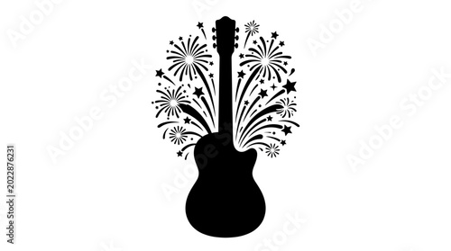 Quadro su tela Black silhouette of an acoustic guitar exploding with fireworks.