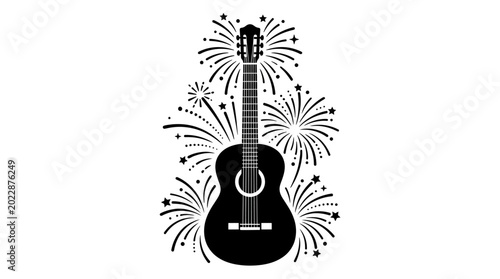Schilderij op canvas Black silhouette of an acoustic guitar surrounded by fireworks.