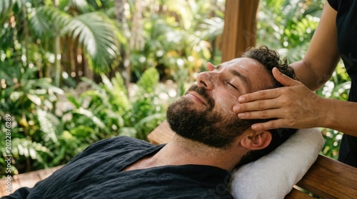A man receives a soothing massage in a spa setting, promoting relaxation and well-being. A person is giving a man a head massage while relaxing in nature