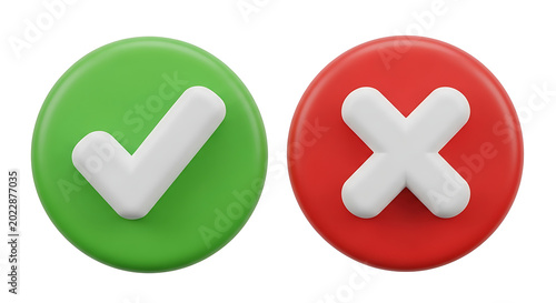 3D rendered green checkmark and red cross symbols representing approval and rejection with checkmark approval rejection decision validate incorrect